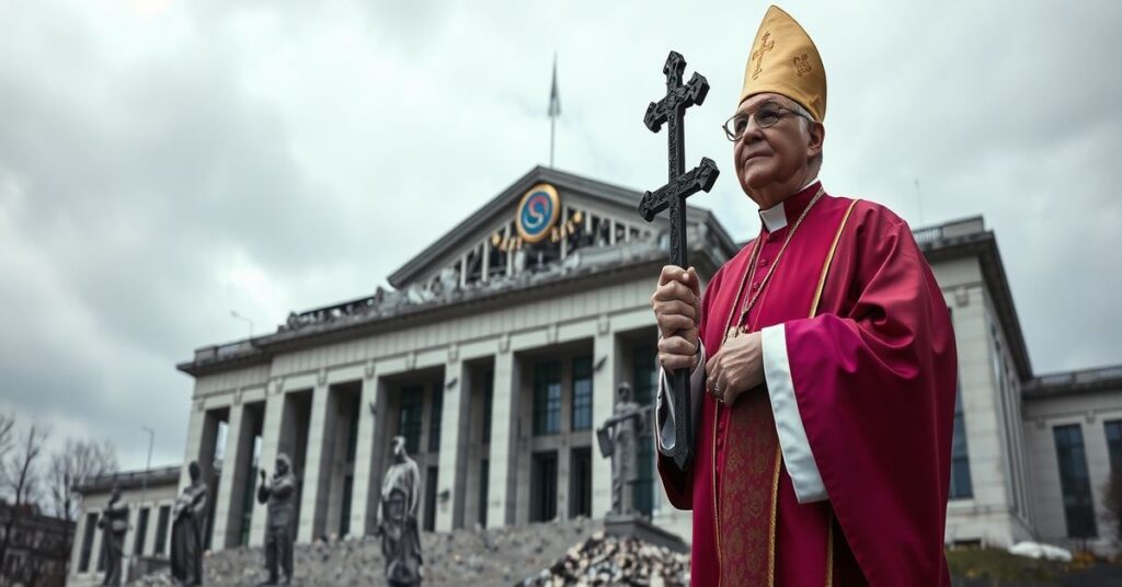 Biskup katolicki w tradycyjnych szatach stoi przed zniszczonym budynkiem rządu Korei Południowej, trzymając krzyż i skarżąc się na zamach stanu.