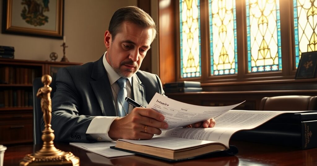 Człowiek w stroju biznesowym przegląda dokumenty finansowe przy biurku z krzyżem i Biblią w tle. Scena podkreśla brak odniesień do nauki katolickiej w kwestiach gospodarczych.