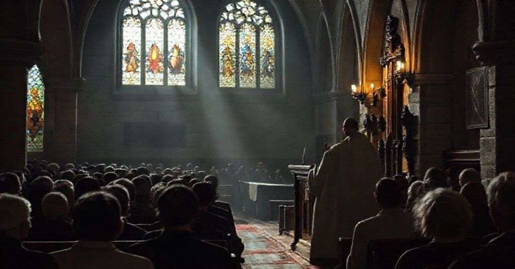 Tradycyjna katolicka scena przedstawiająca "bpa" Andrzeja Jeża wygłaszającego kazanie w ciemnym kościele, z zaniepokojoną parafią słuchającą jego wywodów.