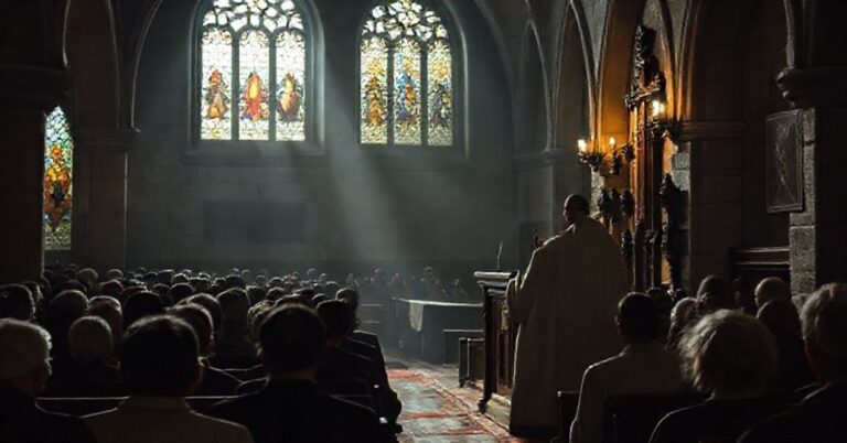 Tradycyjna katolicka scena przedstawiająca "bpa" Andrzeja Jeża wygłaszającego kazanie w ciemnym kościele, z zaniepokojoną parafią słuchającą jego wywodów.