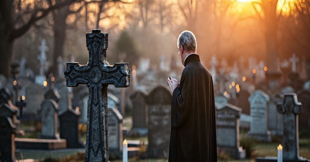 Cmentarz katolicki w Dniu Zadusznych z kapłanem w kapcie modlącym się przy nagrobkach