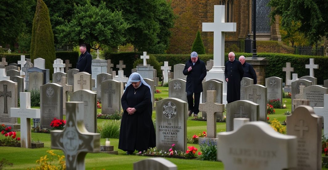 Katolicki cmentarz z krzyżem i modlitwą za poległych żołnierzy Reverentny obraz katolickiego cmentarza z krzyżem i modlącymi się wiernymi, symbolizujący duchowe pamiętanie o poległych żołnierzach w wierze