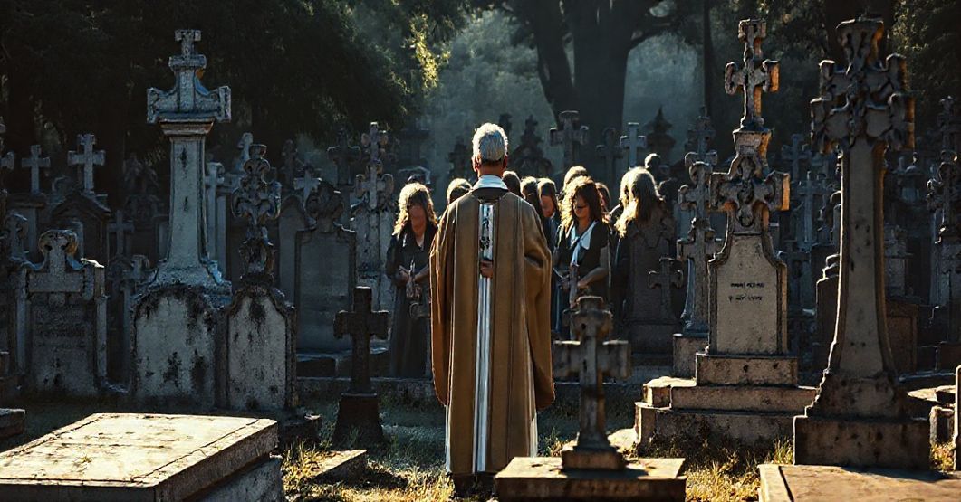 Poważna, tradycyjna katolicka scena cmentarza z starymi, uroczystymi nagrobkami i krzyżami, oświetlona delikatnym, szacunkowym światłem. Kapłan w tradycyjnych szatach liturgicznych prowadzi grupę w modlitwie, ich głowy skłonięte w poważnej refleksji. Atmosfera jest poważna, ale spokojna, podkreślając duchowe znaczenie miejsca. Nagrobki są ozdobione prostymi, tradycyjnymi symbolami wiary - krzyżami, aniołami i Drogi Krzyżową - w ostrym kontrastcie z nowoczesnym, świeckim estetyką tematów artykułu. Obraz powinien wywołać szacunek, żałobę i wieczną przyszłość dusz, bez nowoczesnych rozpraszaczy.
