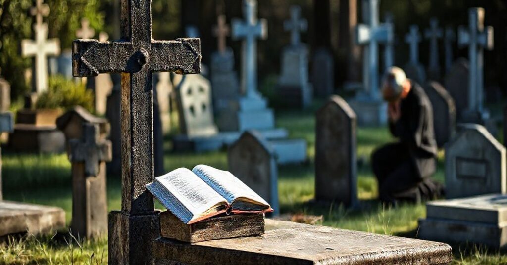 Pusty, modlitewny cmentarz katolicki z krzyżem i modlącą się osobą.