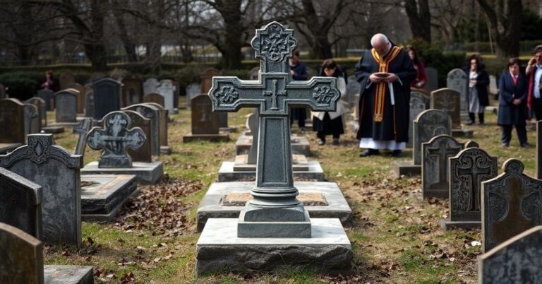 Cmentarz katolicki z tradycyjnym krzyżem kamiennym na środku, otoczony starymi nagrobkami. Na tle ksiądz w tradycyjnych szatach kapłańskich modli się przy grobie, a w oddali rodzina żałuje z szacunkiem. Scena jest poważna, ale pełna nadziei, oddając katolickie rozumienie śmierci jako przejścia.