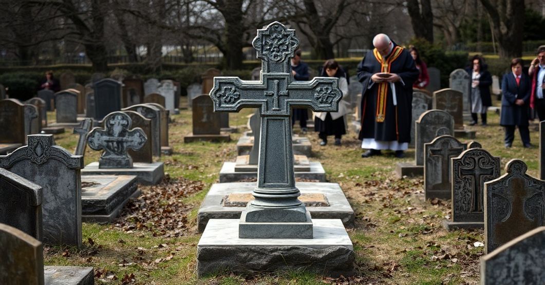 Pusty, modlitewny cmentarz katolicki z krzyżem i modlącą się osobą.