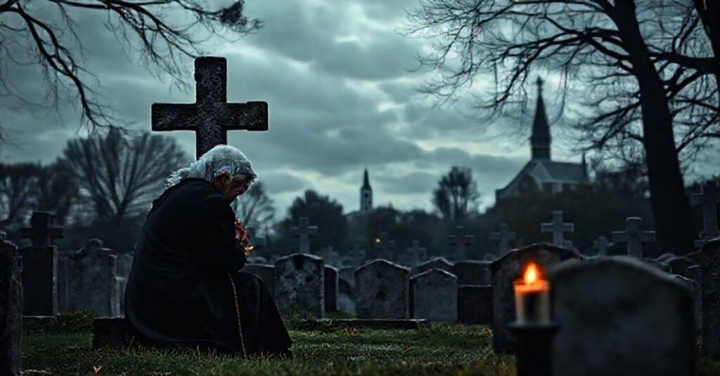 Stary kościół i cmentarz z tradycyjnymi krzyżami z kamienia i świecami. Kobieta w czerni modli się na kolanach z różańcem, symbolizując pokutę i nadzieję na życie wieczne przez Chrystusa.
