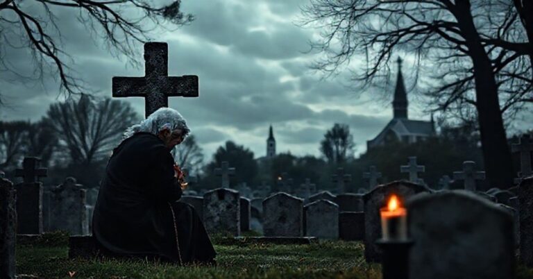 Stary kościół i cmentarz z tradycyjnymi krzyżami z kamienia i świecami. Kobieta w czerni modli się na kolanach z różańcem, symbolizując pokutę i nadzieję na życie wieczne przez Chrystusa.