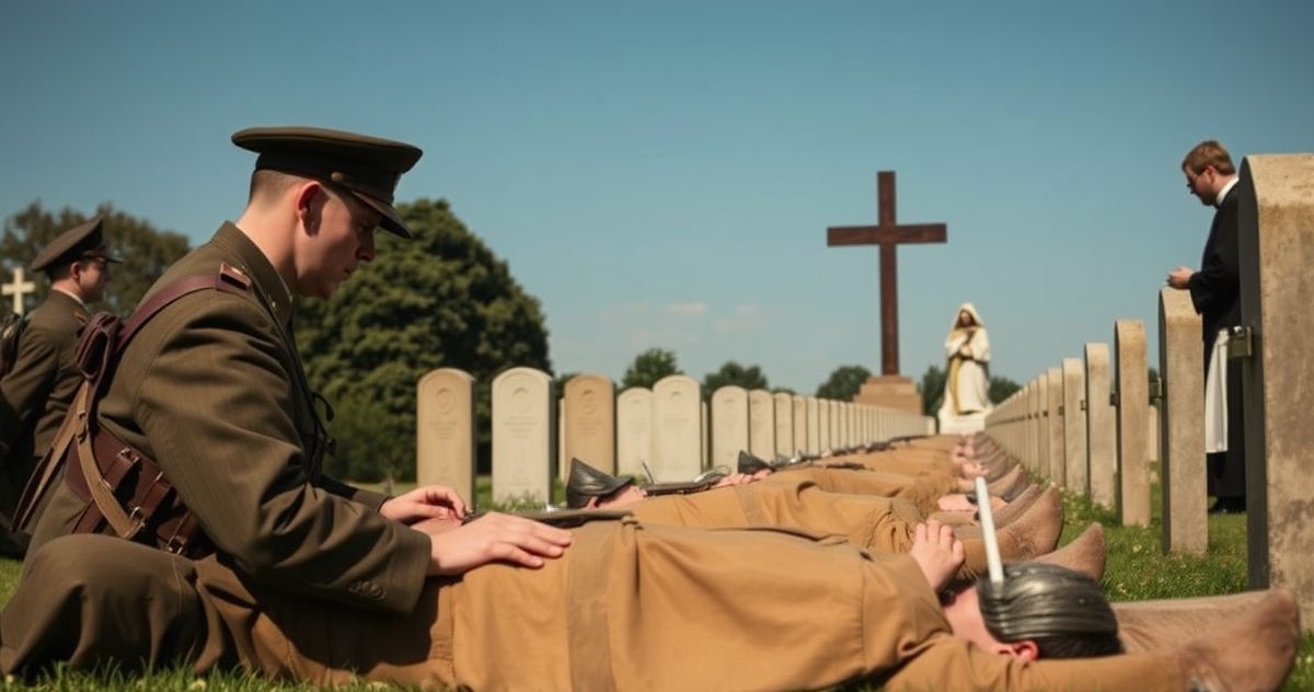 Sentymentalna scena pamięci na katolickim cmentarzu z żołnierzami i kapłanem Rekonstrukcja sceny katolickiego cmentarza z żołnierzami i kapłanem modlącym się, odzwierciedlająca szacunek i powagę tradycyjnej katolickiej pamięci