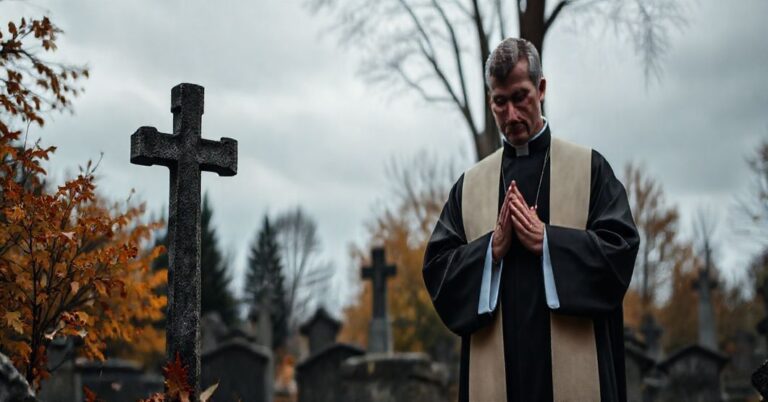Sobótni katolicki cmentarz z kamiennym krzyżem, kapłanem w liturgicznych szatach i jesiennymi liśćmi podkreślającym powagę śmierci i konieczność łaski boskiej