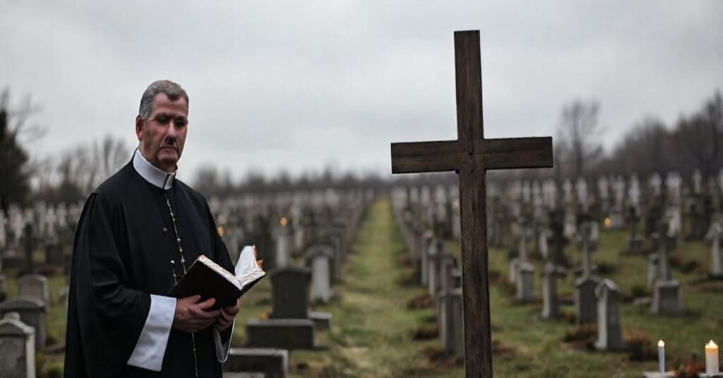 Prasowy widok katolickiego cmentarza w dzień Zaduszny z księdzem w sutannie stojącym przy krzyżu i zapalonymi zniczami na grobach.