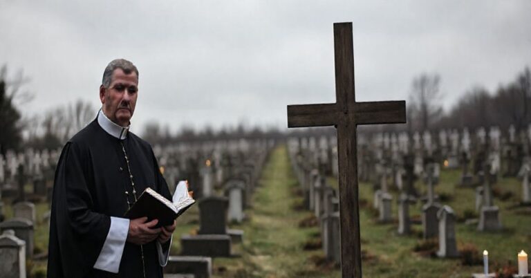 Prasowy widok katolickiego cmentarza w dzień Zaduszny z księdzem w sutannie stojącym przy krzyżu i zapalonymi zniczami na grobach.