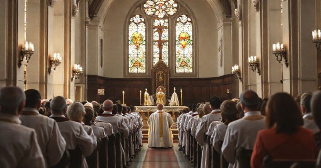 Wnętrze kościoła katolickiego z tradycyjnym ołtarzem, w którym zgromadzona jest grupa wierzących katolików w modlitwie. Scena podkreśla powagę katolickiej nauki o diakonacie z akcentem na księży w świętych szatach.