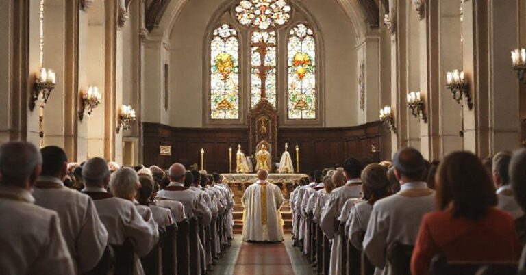Wnętrze kościoła katolickiego z tradycyjnym ołtarzem, w którym zgromadzona jest grupa wierzących katolików w modlitwie. Scena podkreśla powagę katolickiej nauki o diakonacie z akcentem na księży w świętych szatach.