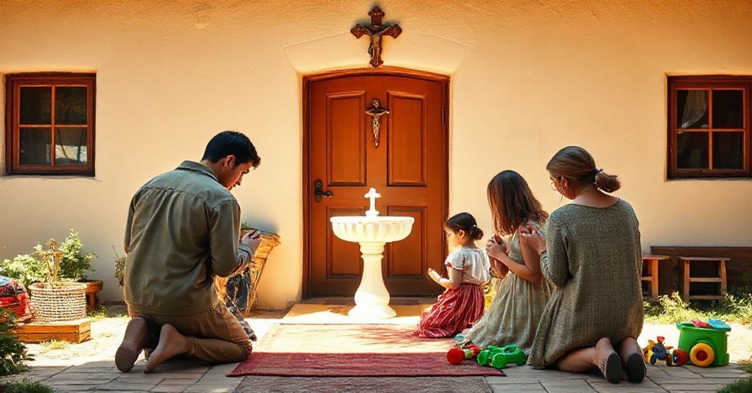 Rodzina katolicka modli się przed domem z krzyżem i fontanną wody świętej.