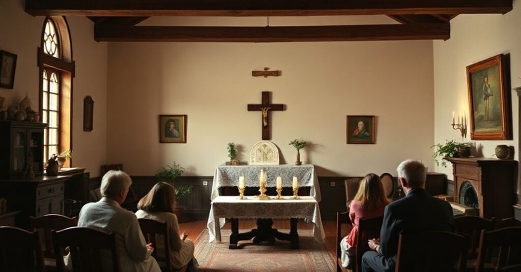 Tradycyjny katolicki dom rodzinny z ołtarzykiem i rodziną modlącą się w ciepłym świetle, podkreślający duchową dziedzicznosc przeciwko materialistycznemu określeniu.