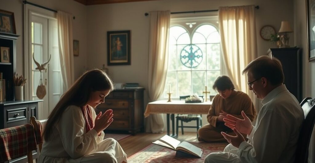 Rewers katolickiego domu rodzinnego z modlącą się rodziną, symbolizujący moralną siłę i wiarę w trudnych czasach