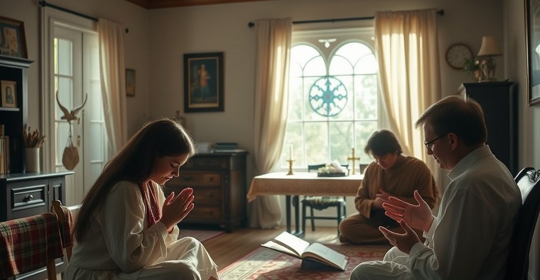 Katolicki dom rodzinny z modlącą się rodziną - obraz wiernej wiary Rewers katolickiego domu rodzinnego z modlącą się rodziną, symbolizujący moralną siłę i wiarę w trudnych czasach