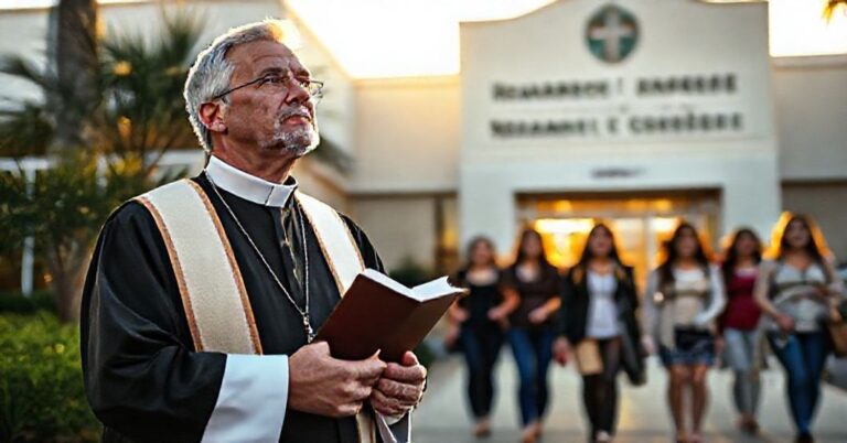 Katolicki doradca chodnikowy w tradycyjnej spodni modlitwy przed kliniką aborcyjną w Clearwater