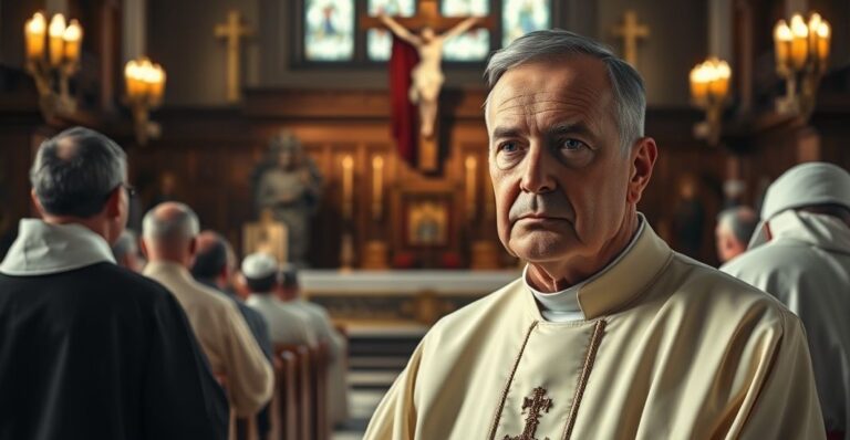 Srebrne i poważne ujęcie katolickiego duchownego w tradycyjnym kościele podczas liturgii, ukazujące głęboki szacunek i wierność naukom Kościoła