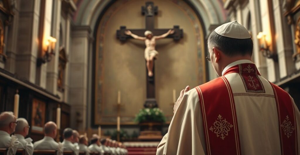 Reverent Catholic priest modli się przed krucyfiksem w świątyni, symbolizując duchową prawdę i moralną konieczność odrzucenia modernistycznych błędów