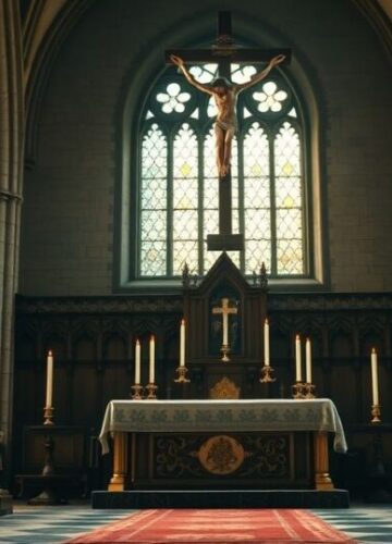 Katolicki duchowny modli się w świątyni przeciwko modernizmowi Duchown katolicki w tradycyjnym stroju modli się w świątyni, symbolizując obronę prawdziwej wiary przed modernistycznymi zagrożeniami