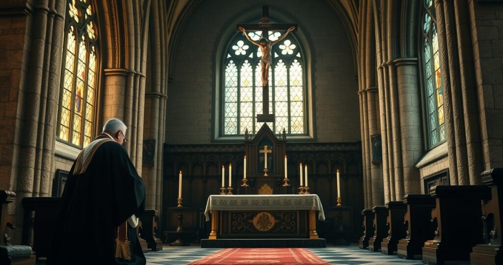 Duchown katolicki w tradycyjnym stroju modli się w świątyni, symbolizując obronę prawdziwej wiary przed modernistycznymi zagrożeniami