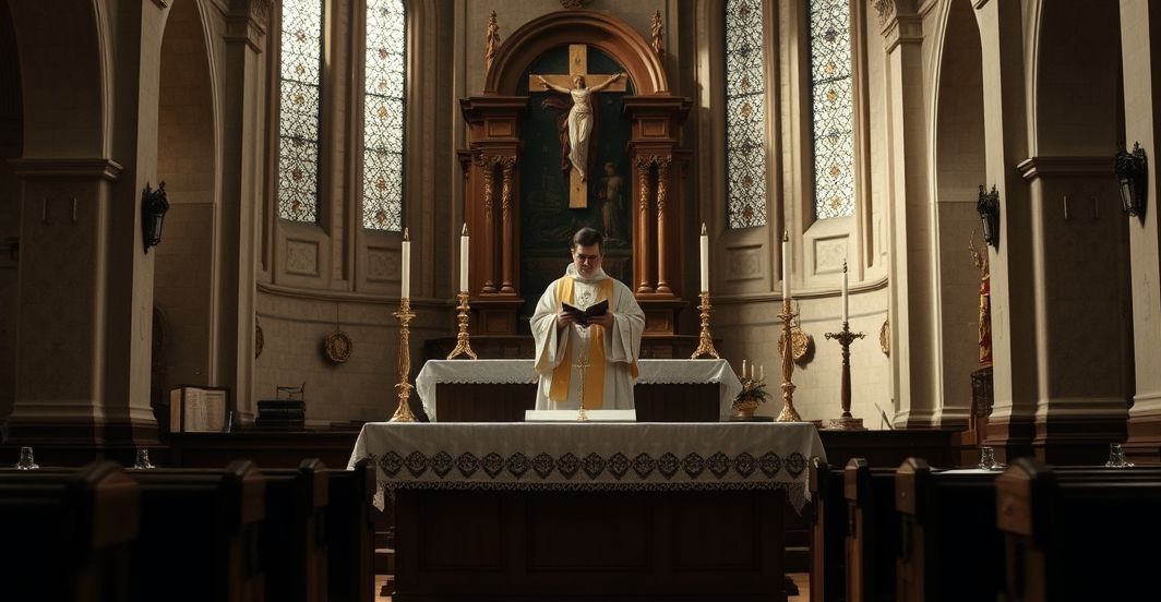 Realistyczne zdjęcie katolickiego duchownego podczas modlitwy w tradycyjnej świątyni, symbolizujące wierność naukom Kościoła i sprzeciw wobec modernistycznej propagandy.