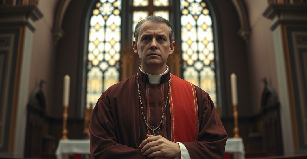 Duchown katolicki w tradycyjnych szatach, modlący się w kościele, wyraz powagi i troski o wiarę, symbolizujący obronę katolickiej doktryny wobec nowoczesnych zagrożeń