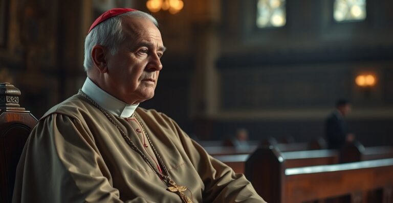 Katolicki mężczyzna w sutannie rozważający temat obrony życia w kościelnym otoczeniu, pełen powagi i refleksji