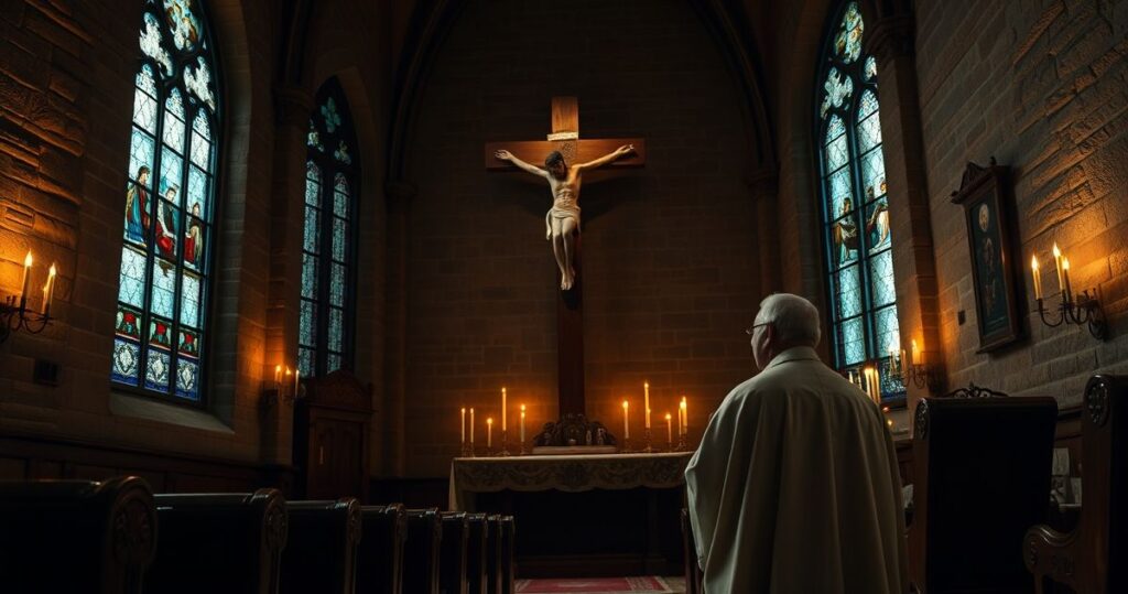Realistyczne zdjęcie katolickiego duchownego modlącego się przed krucyfiksem w tradycyjnej świątyni, ukazujące głębokie skupienie i religijne uniesienie.