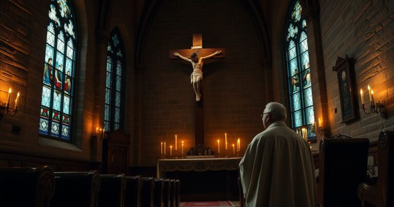 Realistyczne zdjęcie katolickiego duchownego modlącego się przed krucyfiksem w tradycyjnej świątyni, ukazujące głębokie skupienie i religijne uniesienie.