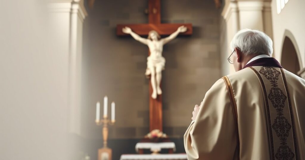 Realistyczne zdjęcie katolickiego duchownego modlącego się przy krzyżu w tradycyjnej świątyni, ukazujące pobożność i szacunek wobec wiernych.
