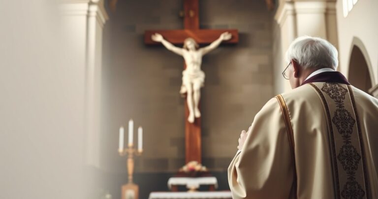 Realistyczne zdjęcie katolickiego duchownego modlącego się przy krzyżu w tradycyjnej świątyni, ukazujące pobożność i szacunek wobec wiernych.
