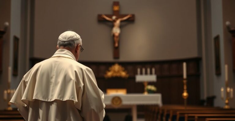 Zdjęcie realistycznego katolickiego duchownego w tradycyjnym stroju, stojącego przed krzyżem w kościele, symbolizujące powagę i krytykę nowoczesnych wydarzeń religijnych