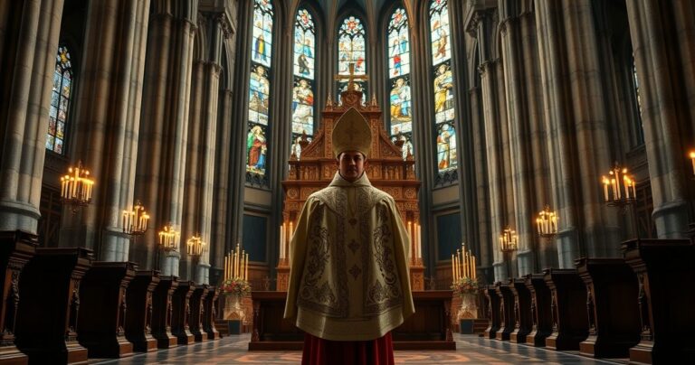 Szczegółowe zdjęcie katolickiego duchownego w tradycyjnych szatach przy ołtarzu w historycznym wnętrzu kościoła, symbolizujące powagę i wiarę