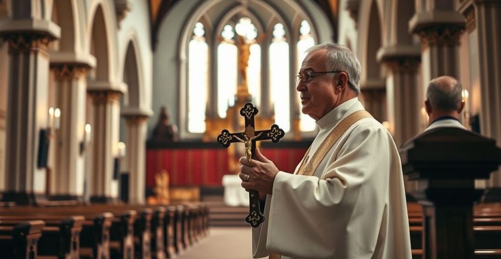 Reverentny obraz tradycyjnego katolickiego kościoła z kapłanem w liturgicznych szatach, podkreślający powagę nauk katolickich o rodzinie i moralności