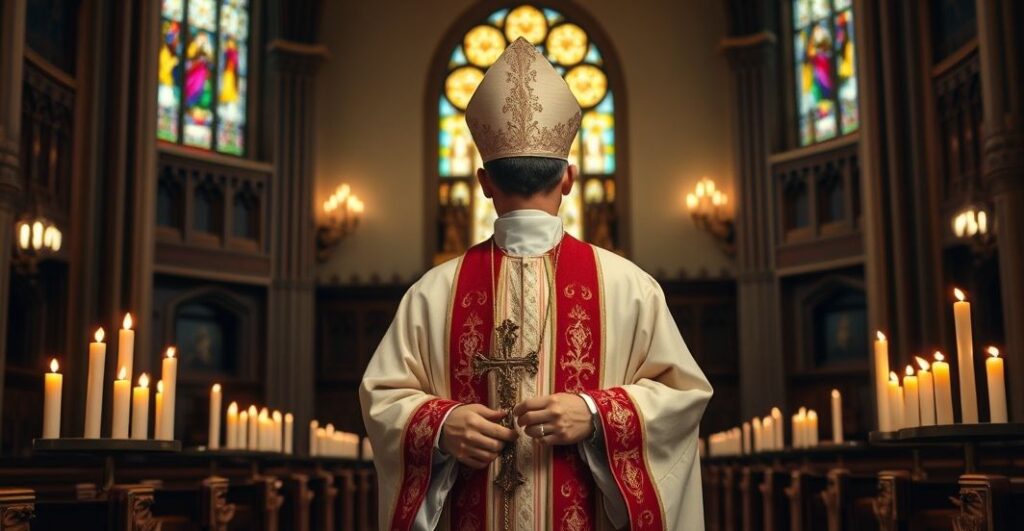 Szaroszary biskup w tradycyjnej szacie, w głębokim skupieniu w katedrze, symbolizujący wierność katolickiej nauce i sprzeciw wobec herezji modernistycznych