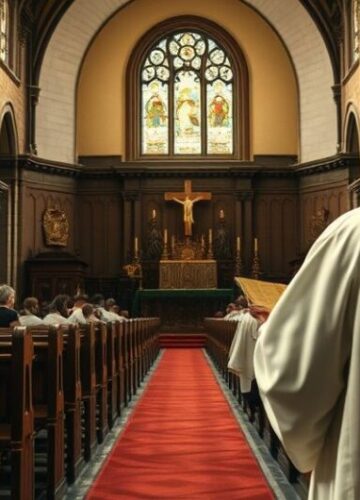 Katolicki duchowny w świątyni - refleksja nad moralnością i nauką Kościoła Obraz przedstawiający katolickiego kapłana w tradycyjnej świątyni, symbolizujący moralną i duchową opiekę Kościoła wobec współczesnych wyzwań