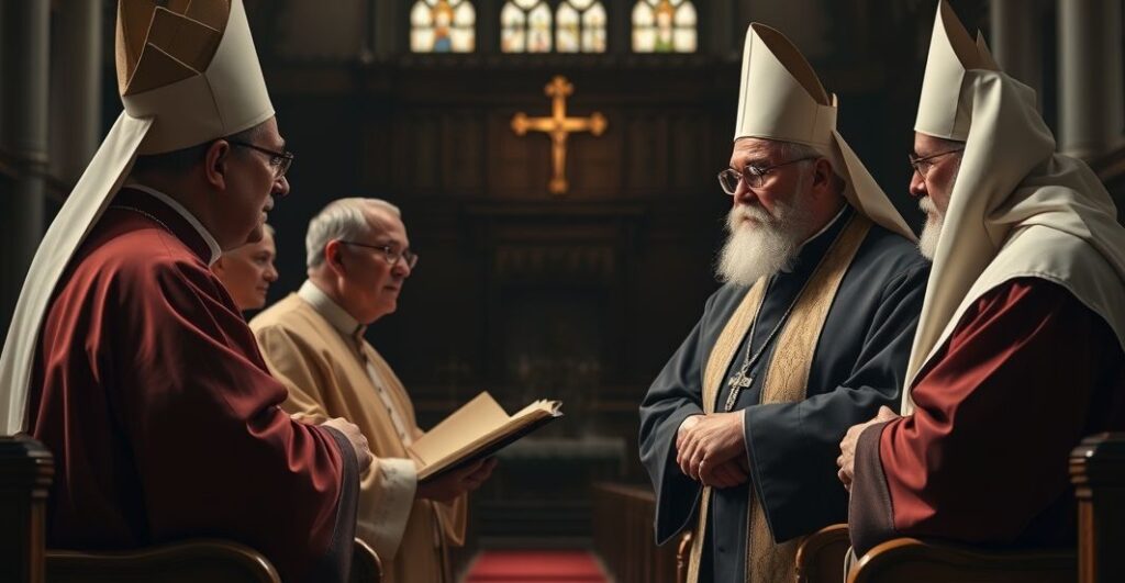 Koncepcja realistycznego zdjęcia katolickich duchownych w poważnej rozmowie, symbolizująca zagrożenia ekumenizmu i modernistycznej apostazji w Kościele.