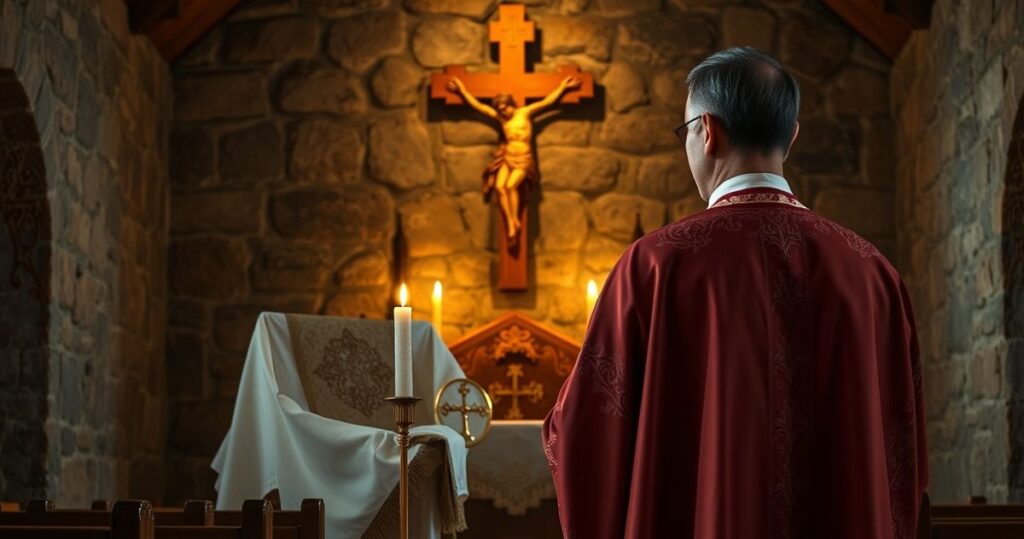Duchown katolicki w tradycyjnych szatach stojący przed ołtarzem, symbolizujący walkę o życie zgodnie z nauką Kościoła, w spokojnym wnętrzu kościelnym