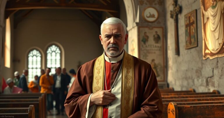 Katolicki duchowny w sutannie w modlitewnym geście, obok scena pomocy humanitarnej w Gazie, ukazująca duchową i doktrynalną pustkę modernistycznej dezintegracji Kościoła
