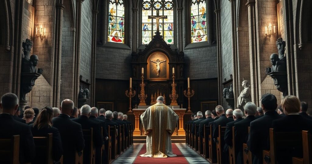 Obraz poważnego katolickiego duchownego w świątyni, modlącego się nad ołtarzem, wyrażający krytykę wobec macierzyństwa zastępczego i odrzucenia Bożego prawa