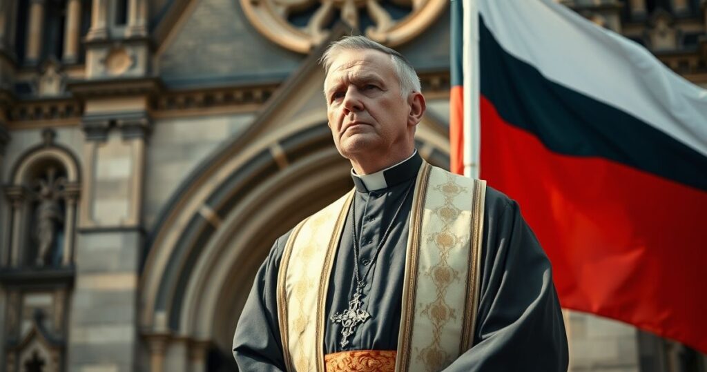 Katolicki duchowny krytykuje kult flagi na tle patriotycznego symbolu, wyrażając troskę o porządek Boży i odwracając uwagę od kultu Boga