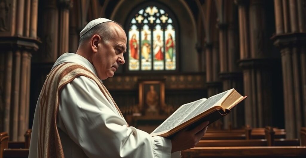 Katolicki duchowny w tradycyjnych szatach w kościele podczas czytania Biblii, symbolizujący wierność naukom Kościoła przeciwko modernizmowi