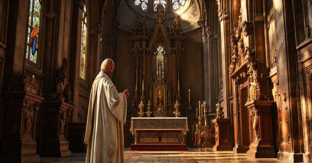 Fotografia realistyczna duchownego katolickiego w liturgicznych szatach w tradycyjnej świątyni, ukazująca pobożność i głęboki szacunek do katolickiej tradycji.