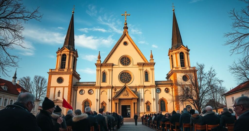 Katolicki duchowny modli się w tradycyjnym kościele, symbolizując odrzucenie nowoczesnych manipulacji i potrzebę powrotu do prawdy i moralności.