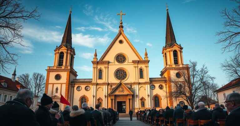 Katolicki duchowny modli się w tradycyjnym kościele, symbolizując odrzucenie nowoczesnych manipulacji i potrzebę powrotu do prawdy i moralności.