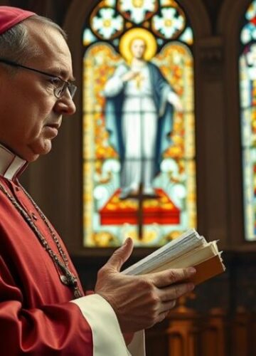 Tradycyjny katolicki duchowny modlący się w kościele przeciwko modernizmowi Duchown katolicki modlący się w świątyni, symbolizujący prawdziwą wiarę i sprzeciw wobec modernistycznych tendencji w Kościele