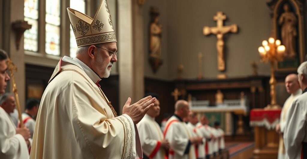 Reverent Catholic priest w modlitewnym geście w kościele, symbolizujący duchową refleksję nad wojną i zdradą moralną
